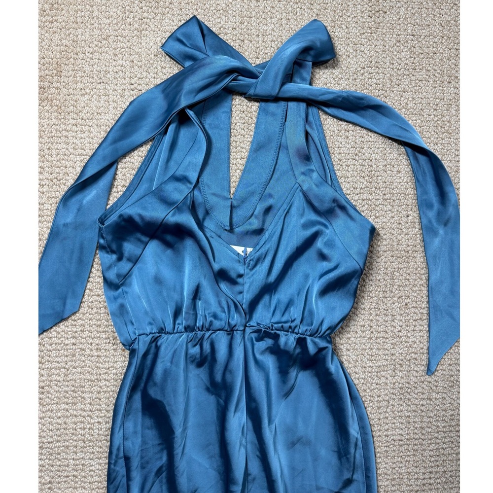 Showpo Kiarra Norman Halter Dress Satin Blue Size 2 Party Split Hem Cut V-Neck - Picture 8 of 9